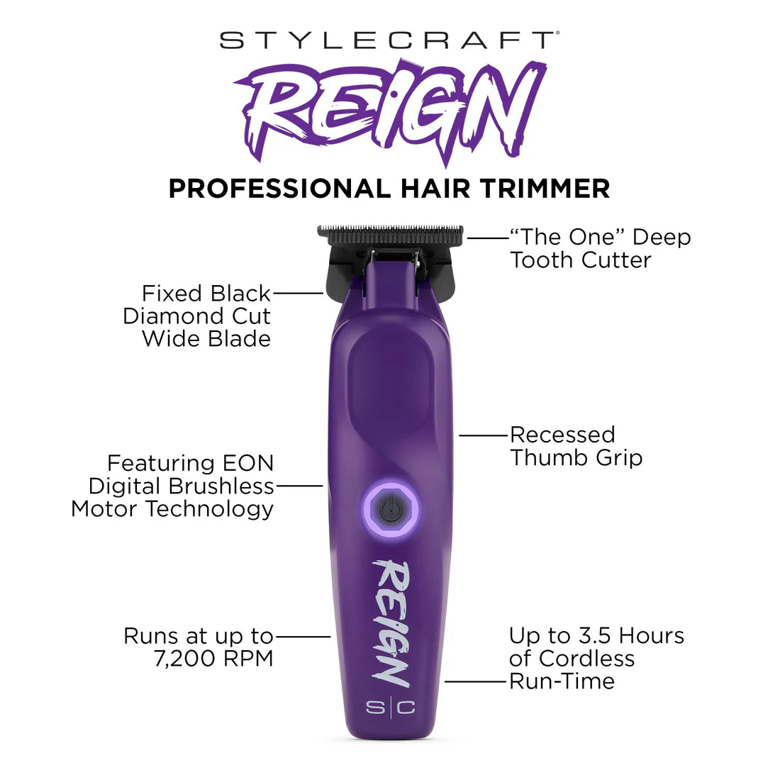 StyleCraft Reign EON Digital Brushless Motor Cordless Clipper - Purple (SC620P)